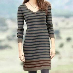 Peruvian Connection Pomata Sweater Dress Medium Taupe Brown Striped Pima Cotton